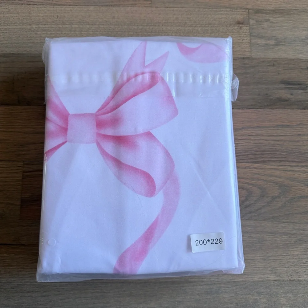 Pink Bow Print Cotton Duvet Cover Set Full Size